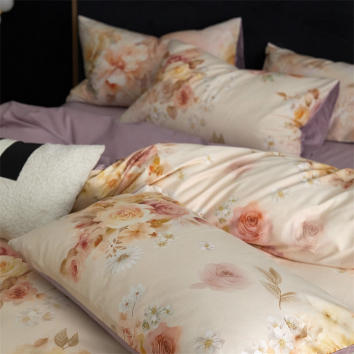 91家纺网 家纺一手货源 找家纺 绒棉世家 2025新款60贡缎数码印花长绒棉全棉四件套 蔷薇紫