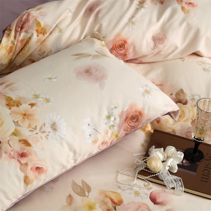 91家纺网 家纺一手货源 找家纺 绒棉世家 2025新款60贡缎数码印花长绒棉全棉四件套 蔷薇紫