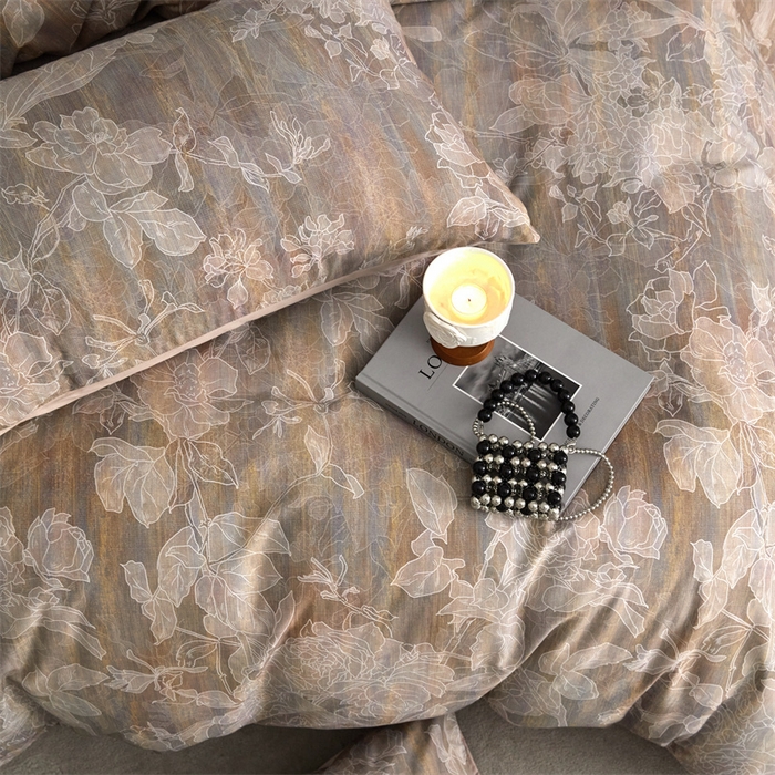 91家纺网 家纺一手货源 找家纺 绒棉世家 2025新款60贡缎数码印花长绒棉全棉四件套 远黛灰