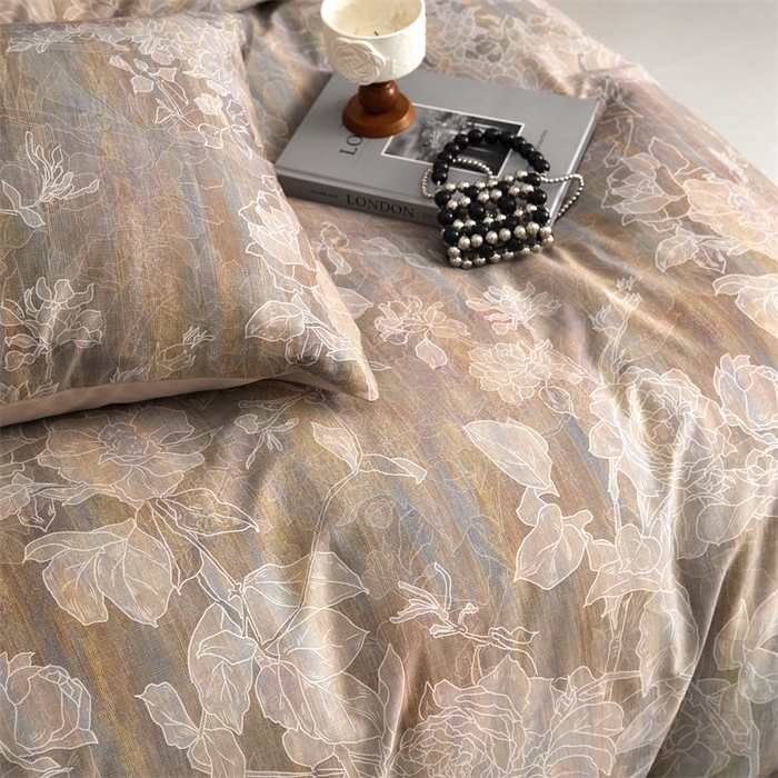 91家纺网 家纺一手货源 找家纺 绒棉世家 2025新款60贡缎数码印花长绒棉全棉四件套 远黛灰