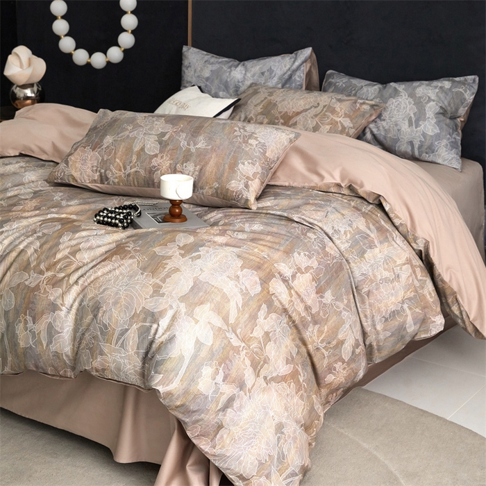 91家纺网 家纺一手货源 找家纺 绒棉世家 2025新款60贡缎数码印花长绒棉全棉四件套 远黛灰