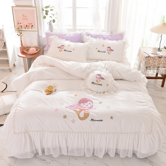 91家纺网 家纺一手货源 找家纺 （总）花香四季家纺 2025新款13376纯棉贴布刺绣雪纺纱四件套-人鱼小姐 