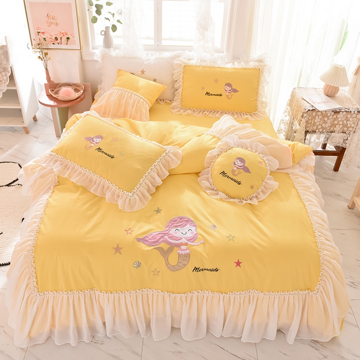 91家纺网 家纺一手货源 找家纺 （总）花香四季家纺 2025新款13376纯棉贴布刺绣雪纺纱四件套-人鱼小姐 