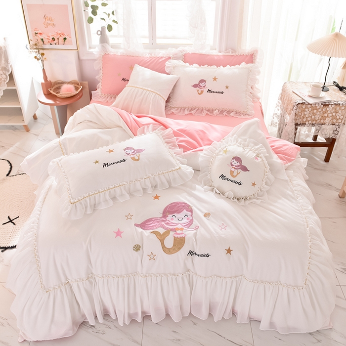 91家纺网 家纺一手货源 找家纺 （总）花香四季家纺 2025新款13376纯棉贴布刺绣雪纺纱四件套-人鱼小姐 