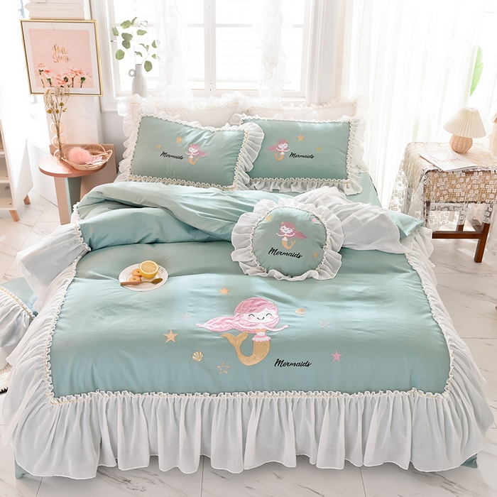 91家纺网 家纺一手货源 找家纺 花香四季家纺 2025新款13376纯棉贴布刺绣雪纺纱四件套-人鱼小姐  人鱼小姐青