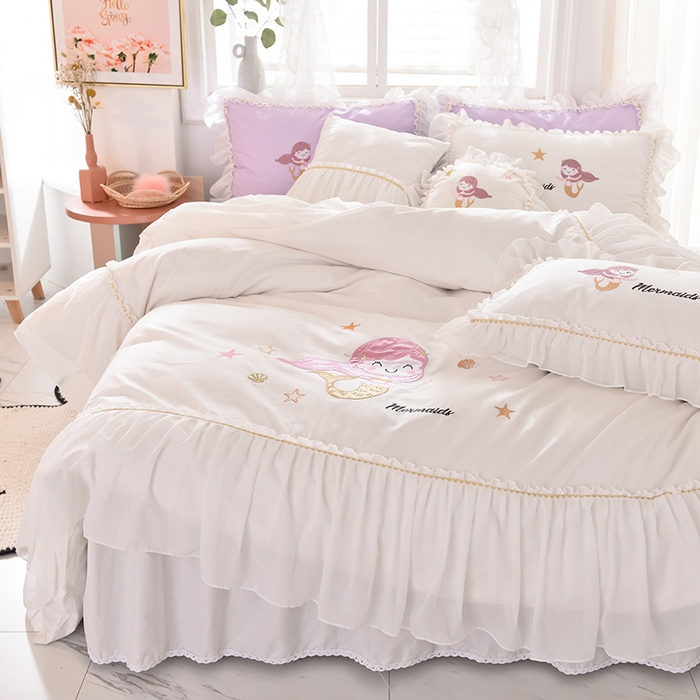 91家纺网 家纺一手货源 找家纺 （总）花香四季家纺 2025新款13376纯棉贴布刺绣雪纺纱四件套-人鱼小姐 