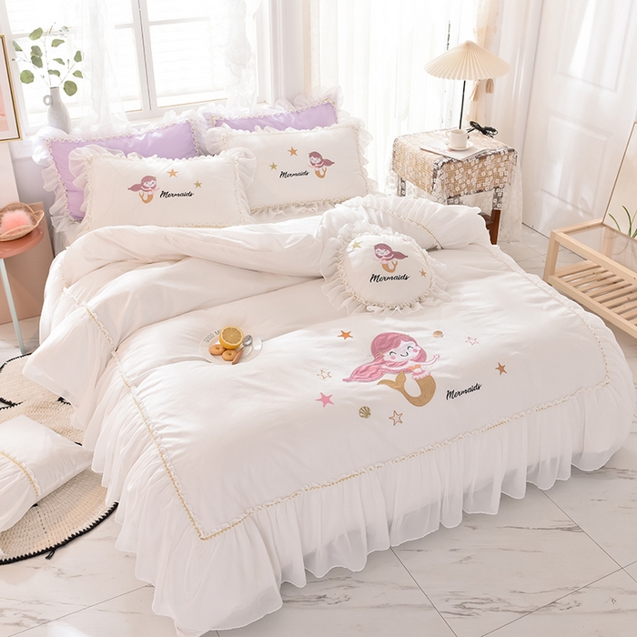 91家纺网 家纺一手货源 找家纺 （总）花香四季家纺 2025新款13376纯棉贴布刺绣雪纺纱四件套-人鱼小姐 