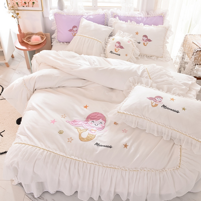 91家纺网 家纺一手货源 找家纺 （总）花香四季家纺 2025新款13376纯棉贴布刺绣雪纺纱四件套-人鱼小姐 