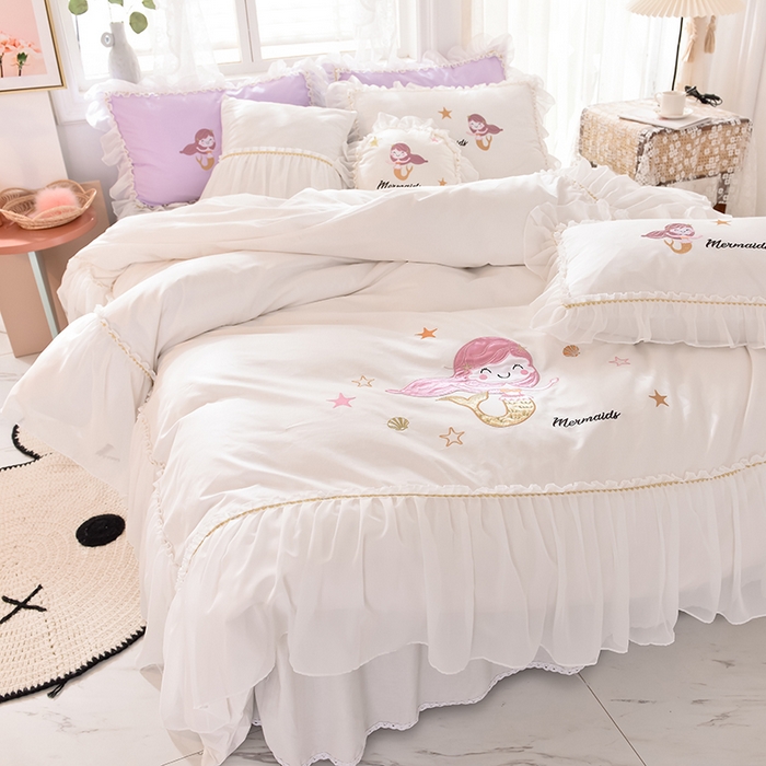 91家纺网 家纺一手货源 找家纺 （总）花香四季家纺 2025新款13376纯棉贴布刺绣雪纺纱四件套-人鱼小姐 