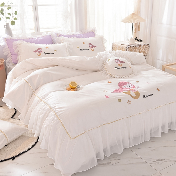 91家纺网 家纺一手货源 找家纺 （总）花香四季家纺 2025新款13376纯棉贴布刺绣雪纺纱四件套-人鱼小姐 