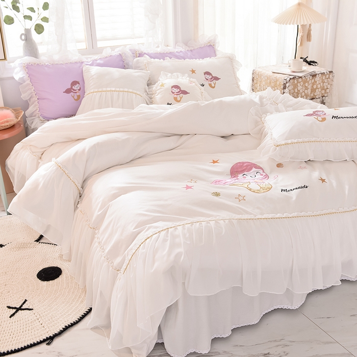 91家纺网 家纺一手货源 找家纺 （总）花香四季家纺 2025新款13376纯棉贴布刺绣雪纺纱四件套-人鱼小姐 