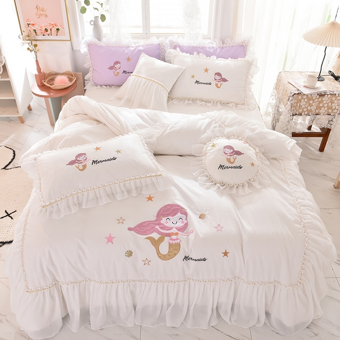 91家纺网 家纺一手货源 找家纺 （总）花香四季家纺 2025新款13376纯棉贴布刺绣雪纺纱四件套-人鱼小姐 