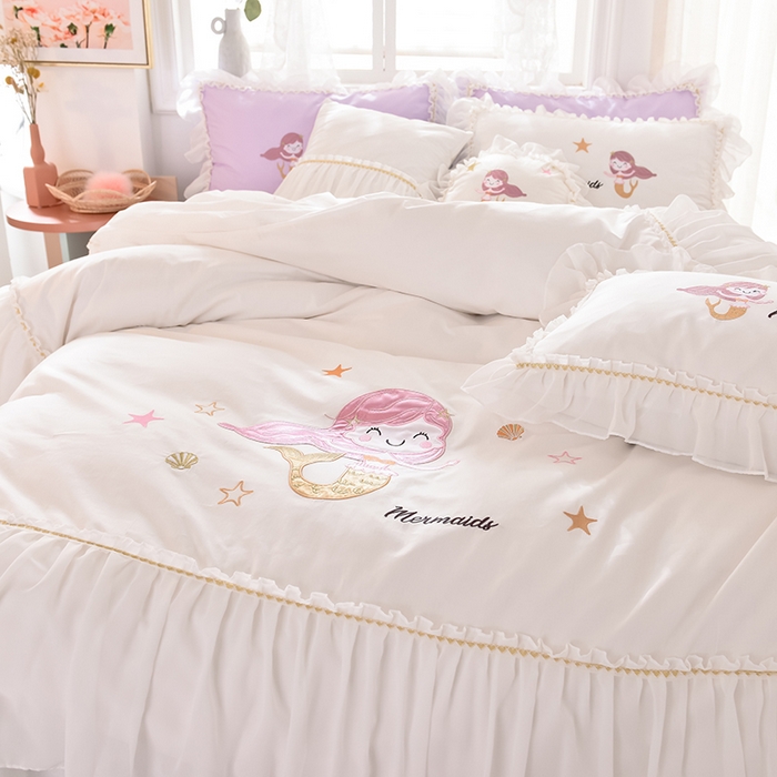 91家纺网 家纺一手货源 找家纺 （总）花香四季家纺 2025新款13376纯棉贴布刺绣雪纺纱四件套-人鱼小姐 