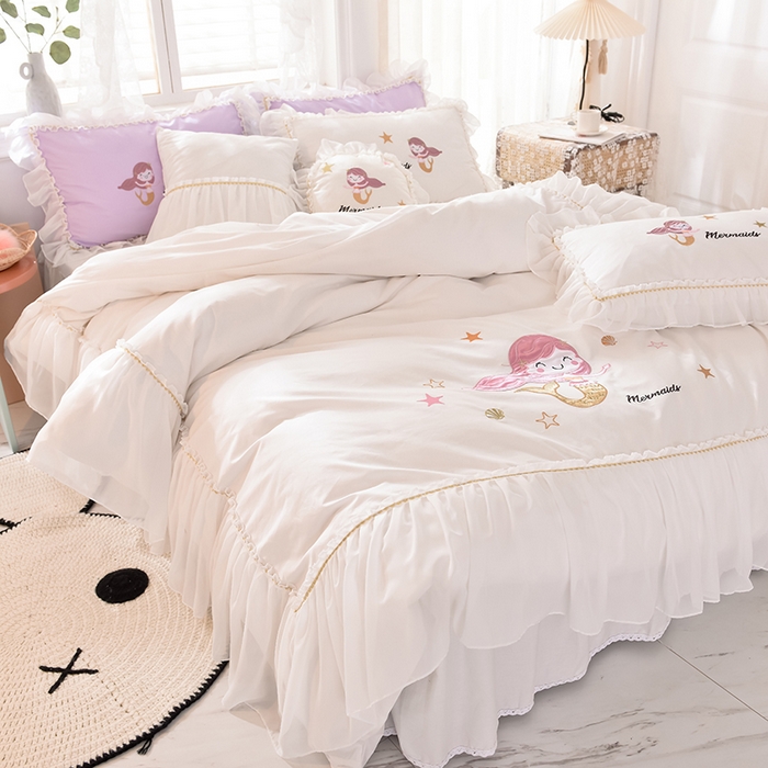 91家纺网 家纺一手货源 找家纺 （总）花香四季家纺 2025新款13376纯棉贴布刺绣雪纺纱四件套-人鱼小姐 