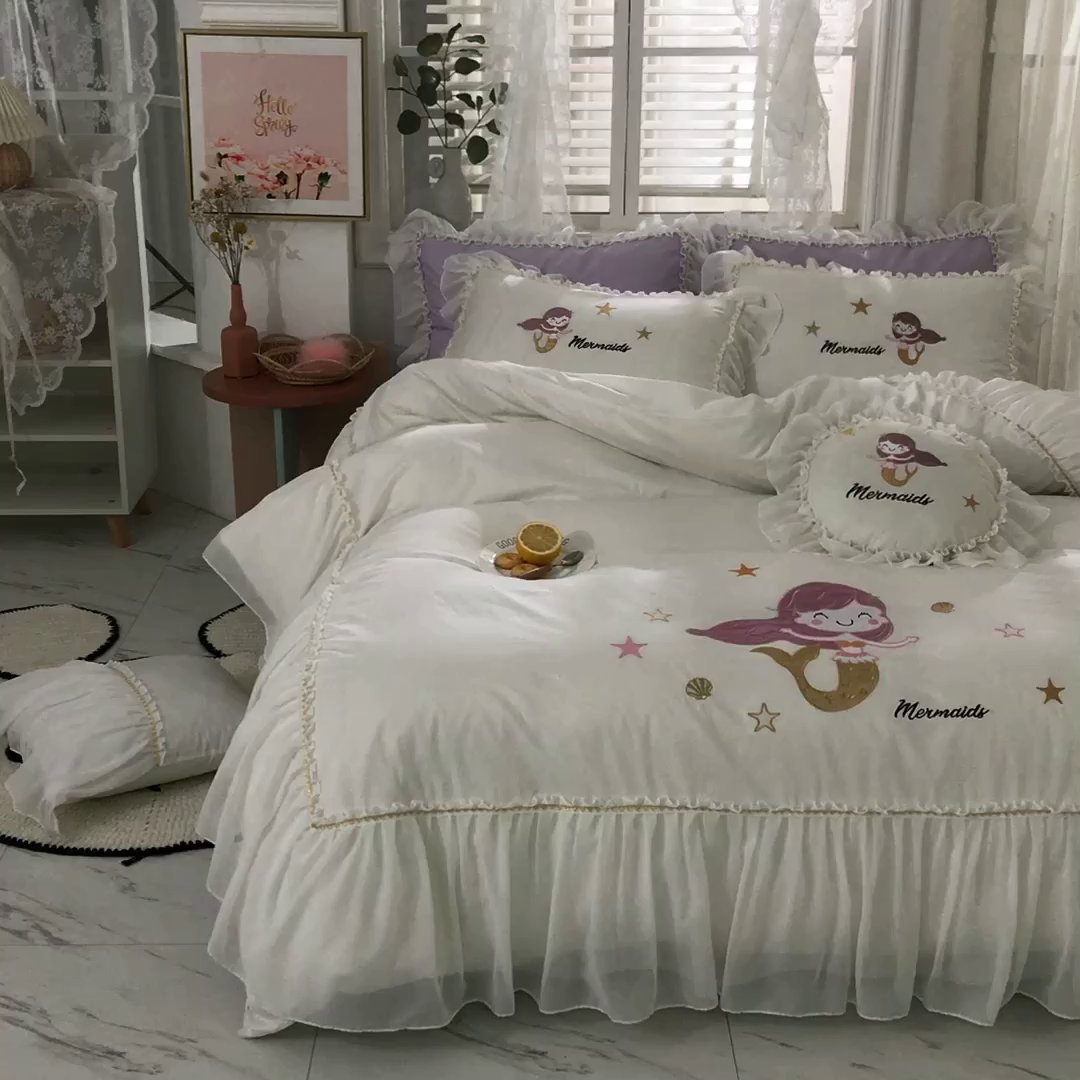 91家纺网 家纺一手货源 找家纺 （总）花香四季家纺 2025新款13376纯棉贴布刺绣雪纺纱四件套-人鱼小姐 