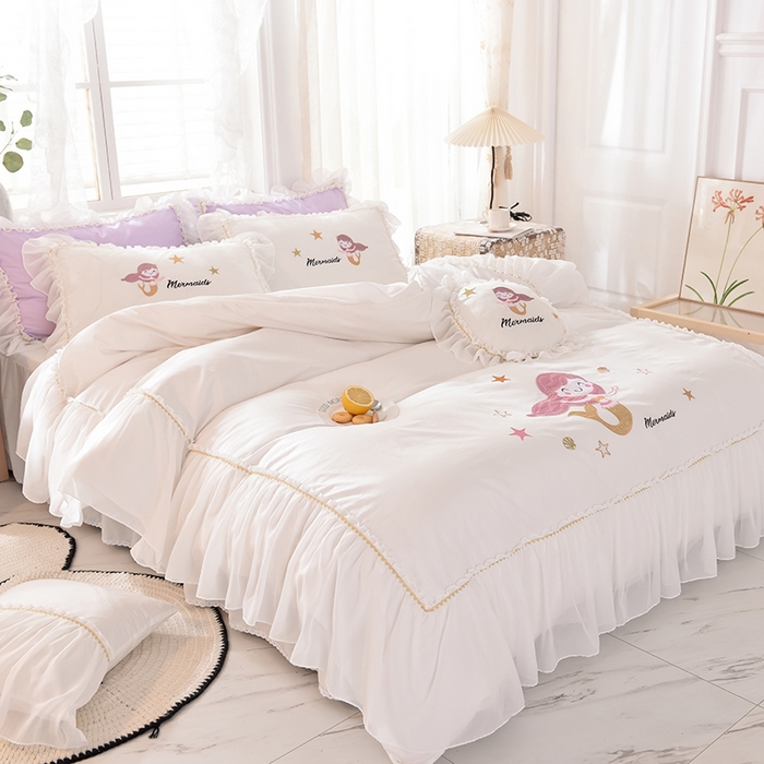 91家纺网 家纺一手货源 找家纺 花香四季家纺 2025新款13376纯棉贴布刺绣雪纺纱四件套-人鱼小姐  人鱼小姐白