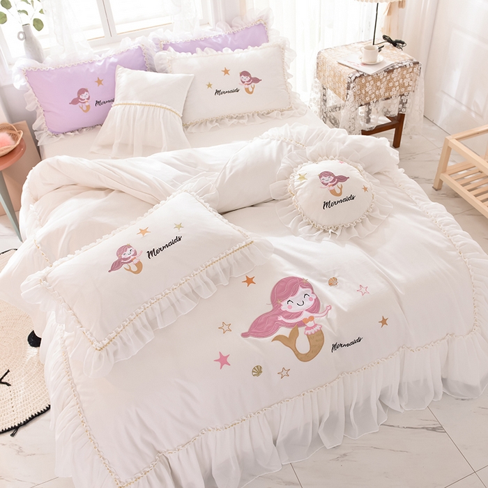 91家纺网 家纺一手货源 找家纺 花香四季家纺 2025新款13376纯棉贴布刺绣雪纺纱四件套-人鱼小姐  人鱼小姐白