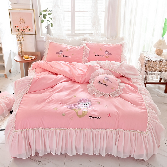 花香四季家纺 2025新款13376纯棉贴布刺绣雪纺纱四件套-人鱼小姐  人鱼小姐粉