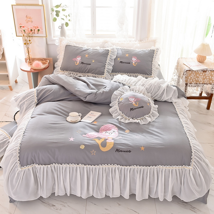 花香四季家纺 2025新款13376纯棉贴布刺绣雪纺纱四件套-人鱼小姐  人鱼小姐灰