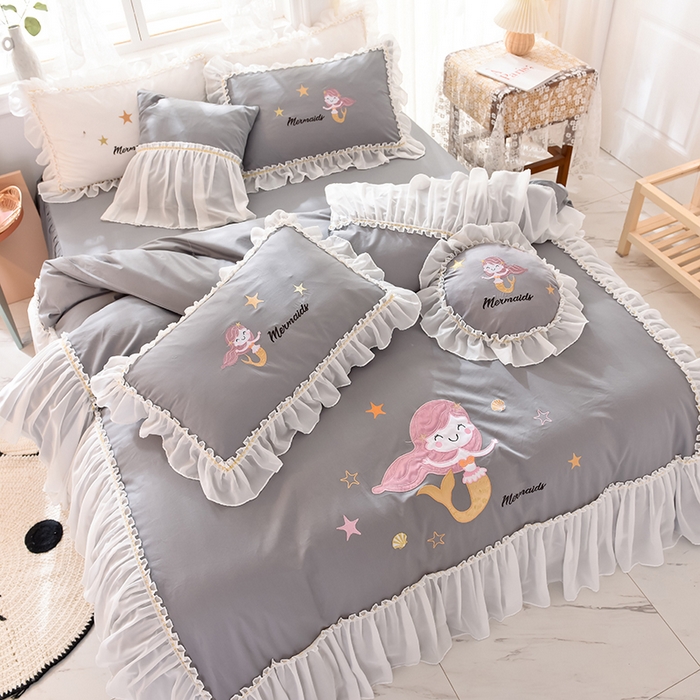 91家纺网 家纺一手货源 找家纺 花香四季家纺 2025新款13376纯棉贴布刺绣雪纺纱四件套-人鱼小姐  人鱼小姐灰