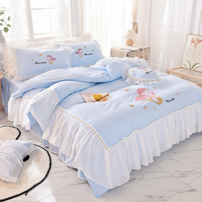 91家纺网 家纺一手货源 找家纺 花香四季家纺 2025新款13376纯棉贴布刺绣雪纺纱四件套-人鱼小姐  人鱼小姐蓝