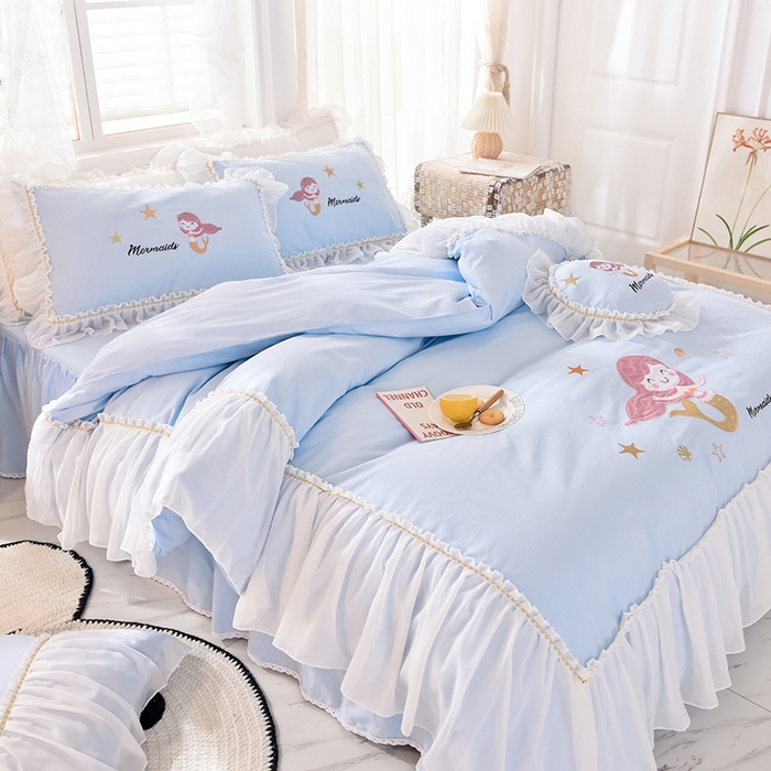 91家纺网 家纺一手货源 找家纺 花香四季家纺 2025新款13376纯棉贴布刺绣雪纺纱四件套-人鱼小姐  人鱼小姐蓝