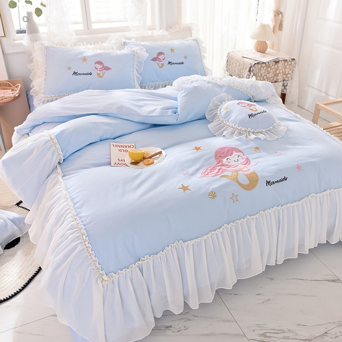 91家纺网 家纺一手货源 找家纺 花香四季家纺 2025新款13376纯棉贴布刺绣雪纺纱四件套-人鱼小姐  人鱼小姐蓝