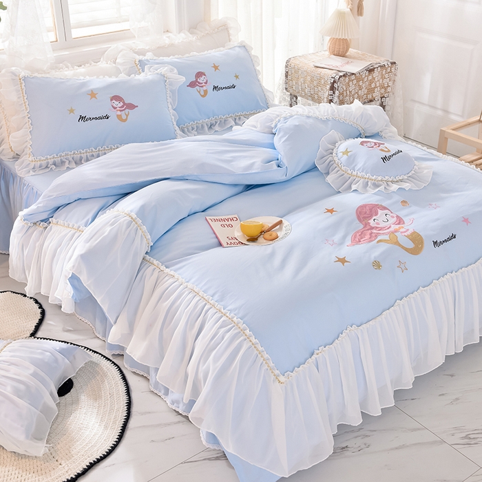 91家纺网 家纺一手货源 找家纺 花香四季家纺 2025新款13376纯棉贴布刺绣雪纺纱四件套-人鱼小姐  人鱼小姐蓝