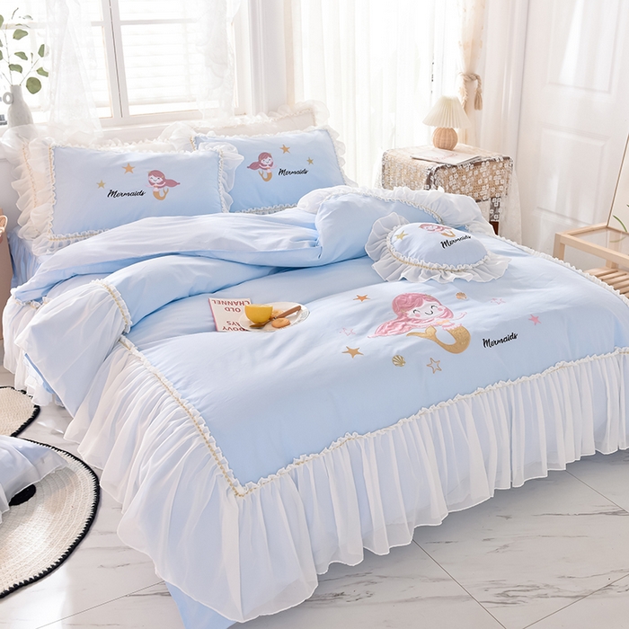 91家纺网 家纺一手货源 找家纺 花香四季家纺 2025新款13376纯棉贴布刺绣雪纺纱四件套-人鱼小姐  人鱼小姐蓝