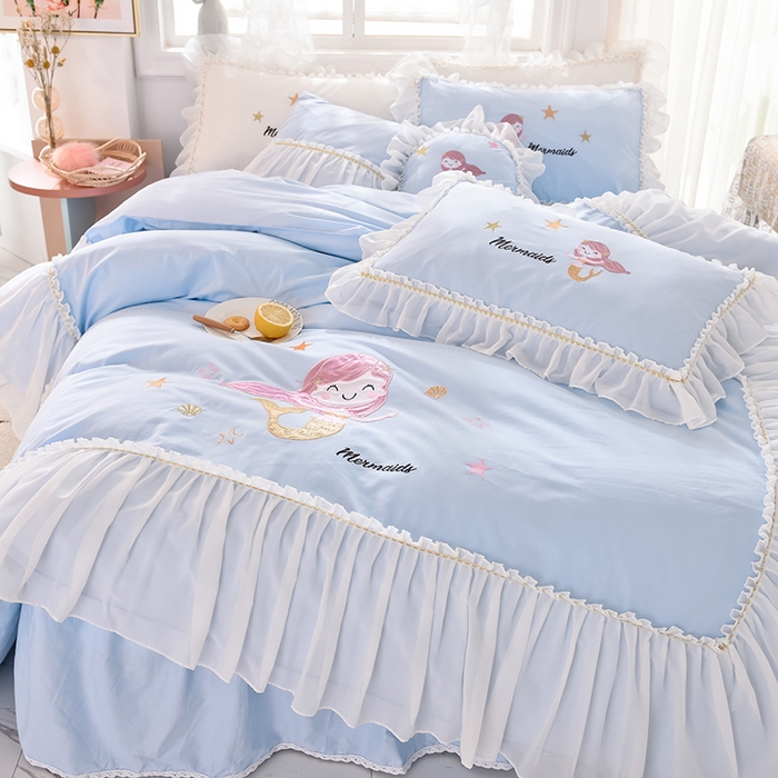 91家纺网 家纺一手货源 找家纺 花香四季家纺 2025新款13376纯棉贴布刺绣雪纺纱四件套-人鱼小姐  人鱼小姐蓝