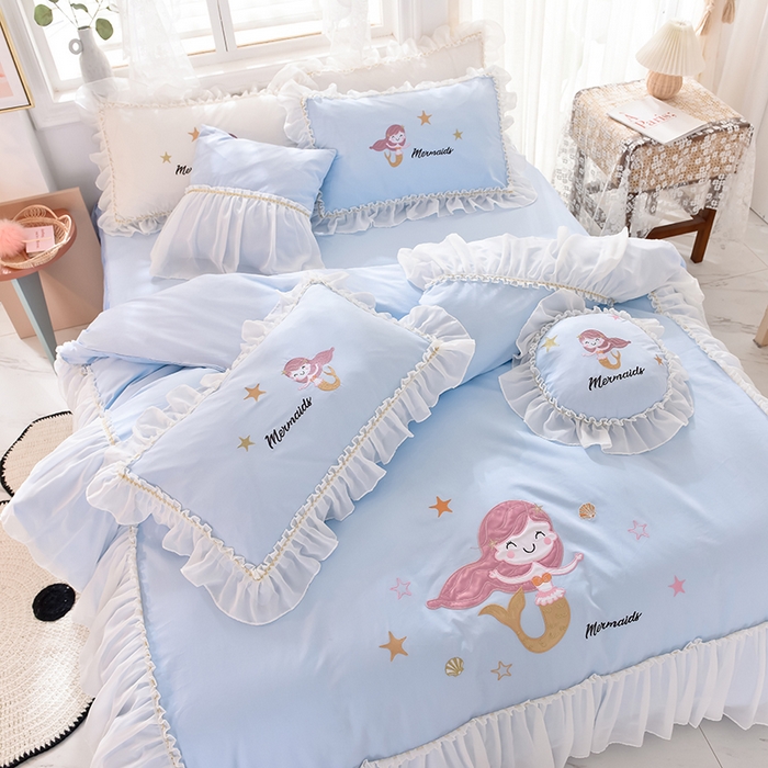 91家纺网 家纺一手货源 找家纺 花香四季家纺 2025新款13376纯棉贴布刺绣雪纺纱四件套-人鱼小姐  人鱼小姐蓝