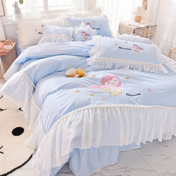 91家纺网 家纺一手货源 找家纺 花香四季家纺 2025新款13376纯棉贴布刺绣雪纺纱四件套-人鱼小姐  人鱼小姐蓝