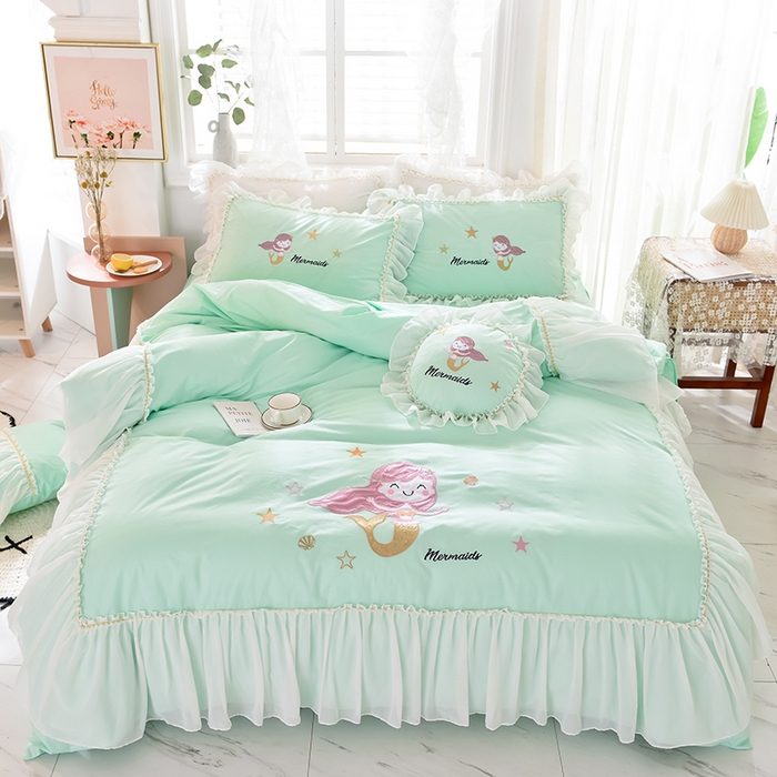 花香四季家纺 2025新款13376纯棉贴布刺绣雪纺纱四件套-人鱼小姐  人鱼小姐绿