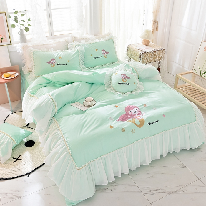 91家纺网 家纺一手货源 找家纺 花香四季家纺 2025新款13376纯棉贴布刺绣雪纺纱四件套-人鱼小姐  人鱼小姐绿