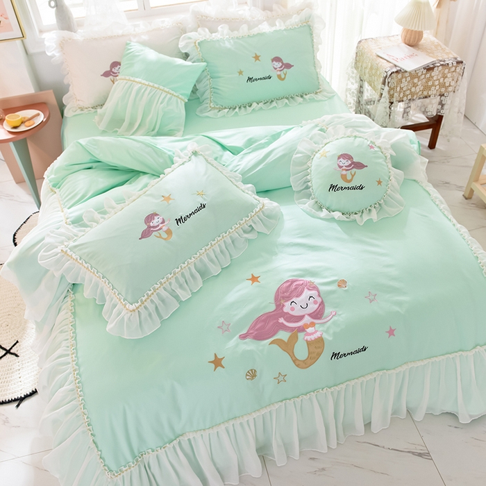 91家纺网 家纺一手货源 找家纺 花香四季家纺 2025新款13376纯棉贴布刺绣雪纺纱四件套-人鱼小姐  人鱼小姐绿