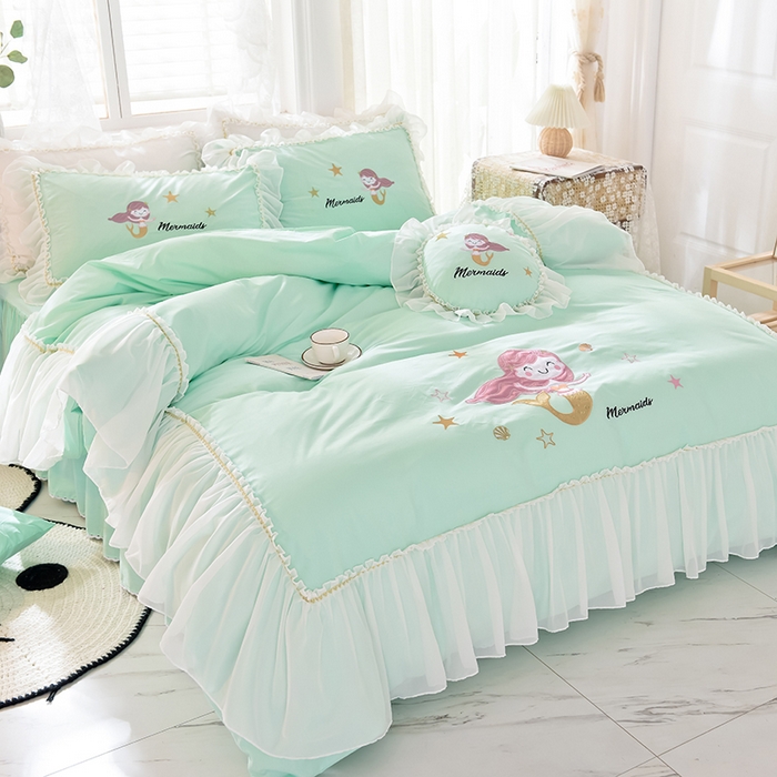 91家纺网 家纺一手货源 找家纺 花香四季家纺 2025新款13376纯棉贴布刺绣雪纺纱四件套-人鱼小姐  人鱼小姐绿