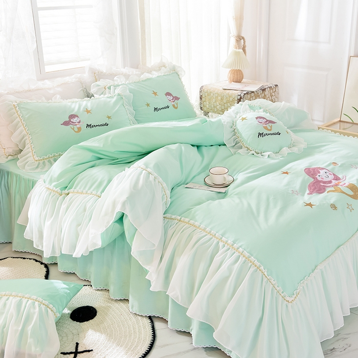 91家纺网 家纺一手货源 找家纺 花香四季家纺 2025新款13376纯棉贴布刺绣雪纺纱四件套-人鱼小姐  人鱼小姐绿