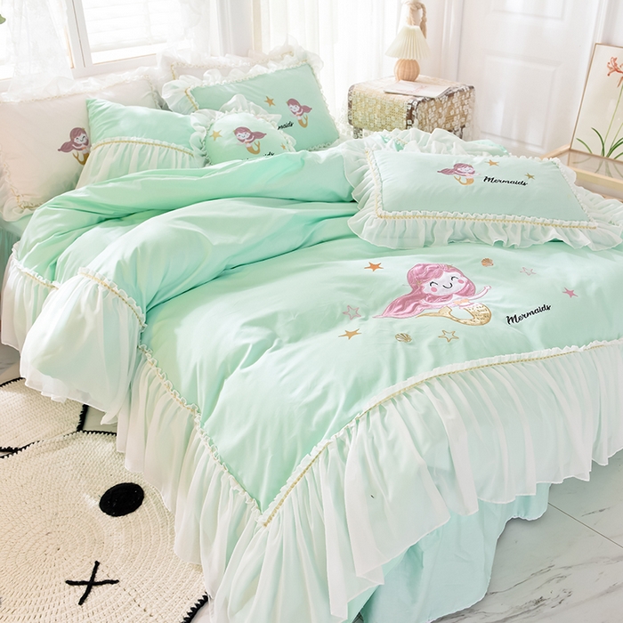 91家纺网 家纺一手货源 找家纺 花香四季家纺 2025新款13376纯棉贴布刺绣雪纺纱四件套-人鱼小姐  人鱼小姐绿