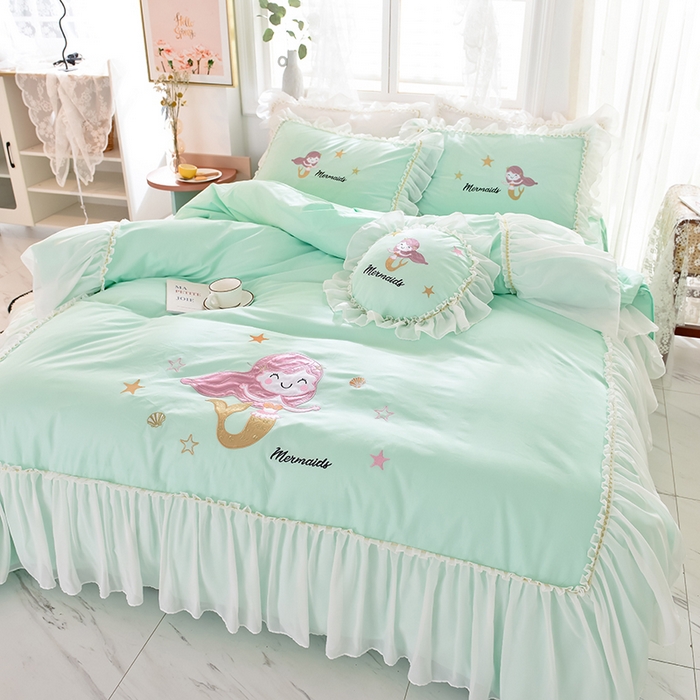 91家纺网 家纺一手货源 找家纺 花香四季家纺 2025新款13376纯棉贴布刺绣雪纺纱四件套-人鱼小姐  人鱼小姐绿