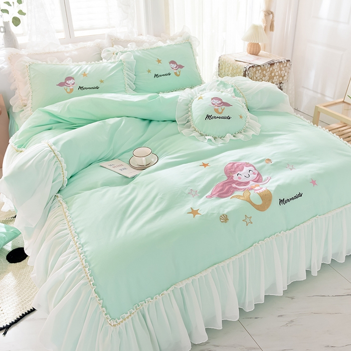 91家纺网 家纺一手货源 找家纺 花香四季家纺 2025新款13376纯棉贴布刺绣雪纺纱四件套-人鱼小姐  人鱼小姐绿