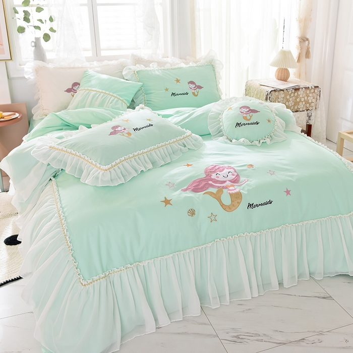 91家纺网 家纺一手货源 找家纺 花香四季家纺 2025新款13376纯棉贴布刺绣雪纺纱四件套-人鱼小姐  人鱼小姐绿