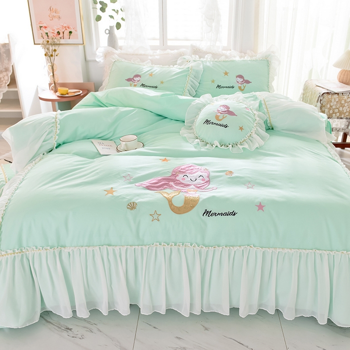 91家纺网 家纺一手货源 找家纺 花香四季家纺 2025新款13376纯棉贴布刺绣雪纺纱四件套-人鱼小姐  人鱼小姐绿