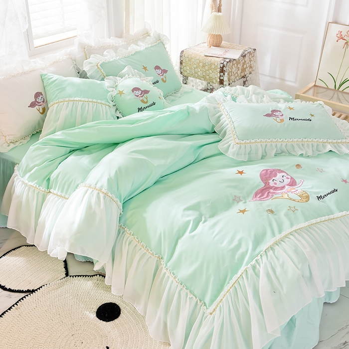 91家纺网 家纺一手货源 找家纺 花香四季家纺 2025新款13376纯棉贴布刺绣雪纺纱四件套-人鱼小姐  人鱼小姐绿