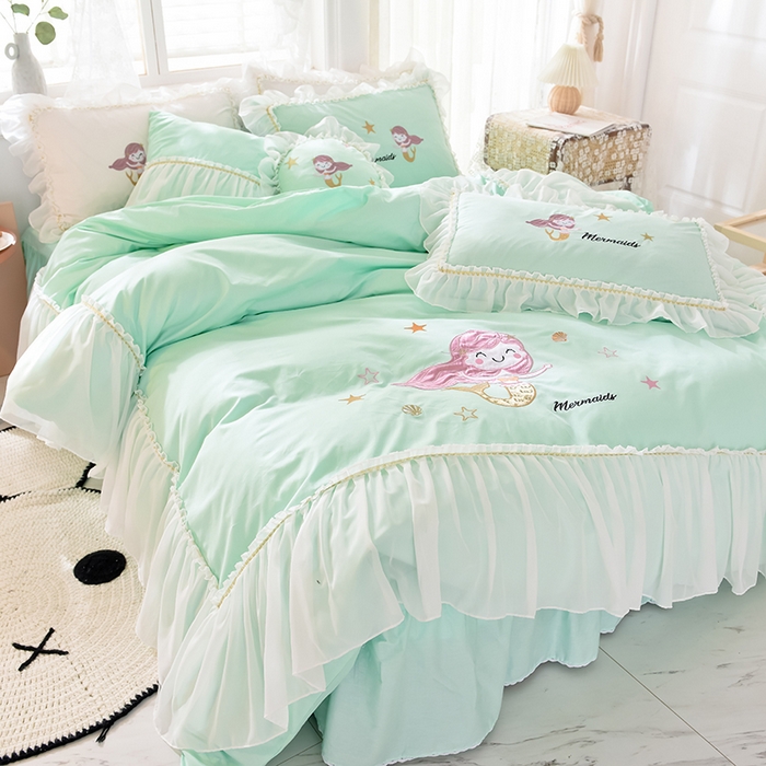 91家纺网 家纺一手货源 找家纺 花香四季家纺 2025新款13376纯棉贴布刺绣雪纺纱四件套-人鱼小姐  人鱼小姐绿