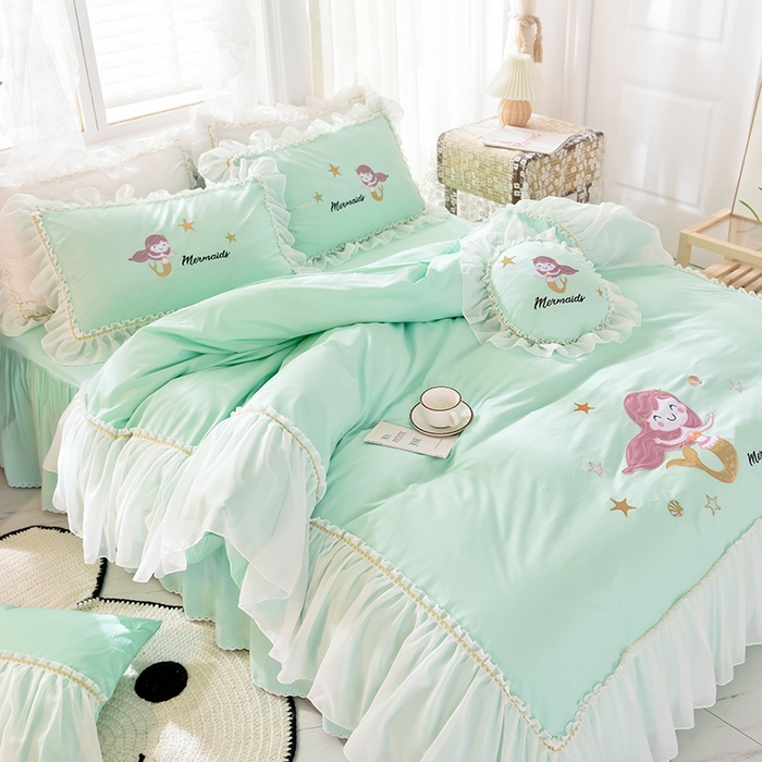 91家纺网 家纺一手货源 找家纺 花香四季家纺 2025新款13376纯棉贴布刺绣雪纺纱四件套-人鱼小姐  人鱼小姐绿