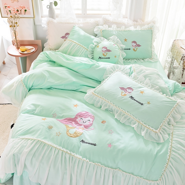 91家纺网 家纺一手货源 找家纺 花香四季家纺 2025新款13376纯棉贴布刺绣雪纺纱四件套-人鱼小姐  人鱼小姐绿