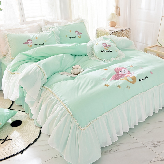 91家纺网 家纺一手货源 找家纺 花香四季家纺 2025新款13376纯棉贴布刺绣雪纺纱四件套-人鱼小姐  人鱼小姐绿