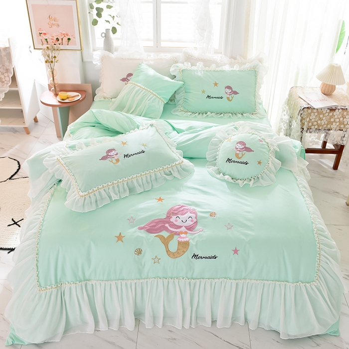 91家纺网 家纺一手货源 找家纺 花香四季家纺 2025新款13376纯棉贴布刺绣雪纺纱四件套-人鱼小姐  人鱼小姐绿