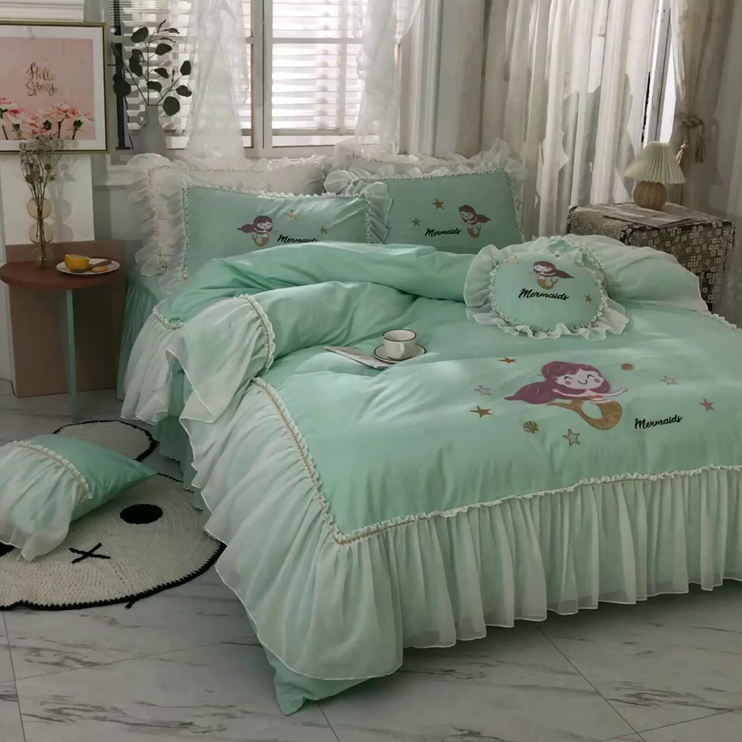 91家纺网 家纺一手货源 找家纺 花香四季家纺 2025新款13376纯棉贴布刺绣雪纺纱四件套-人鱼小姐  人鱼小姐绿