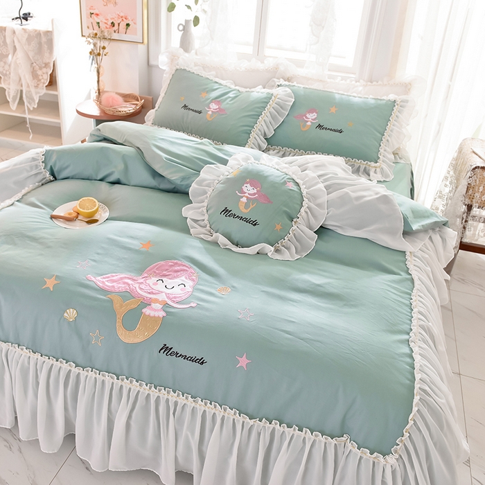 91家纺网 家纺一手货源 找家纺 花香四季家纺 2025新款13376纯棉贴布刺绣雪纺纱四件套-人鱼小姐  人鱼小姐青